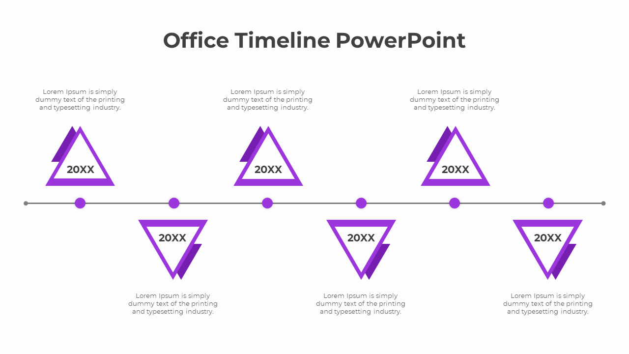Horizontal timeline with purple triangular markers and placeholder text areas labeled 20XX connected by circular nodes.