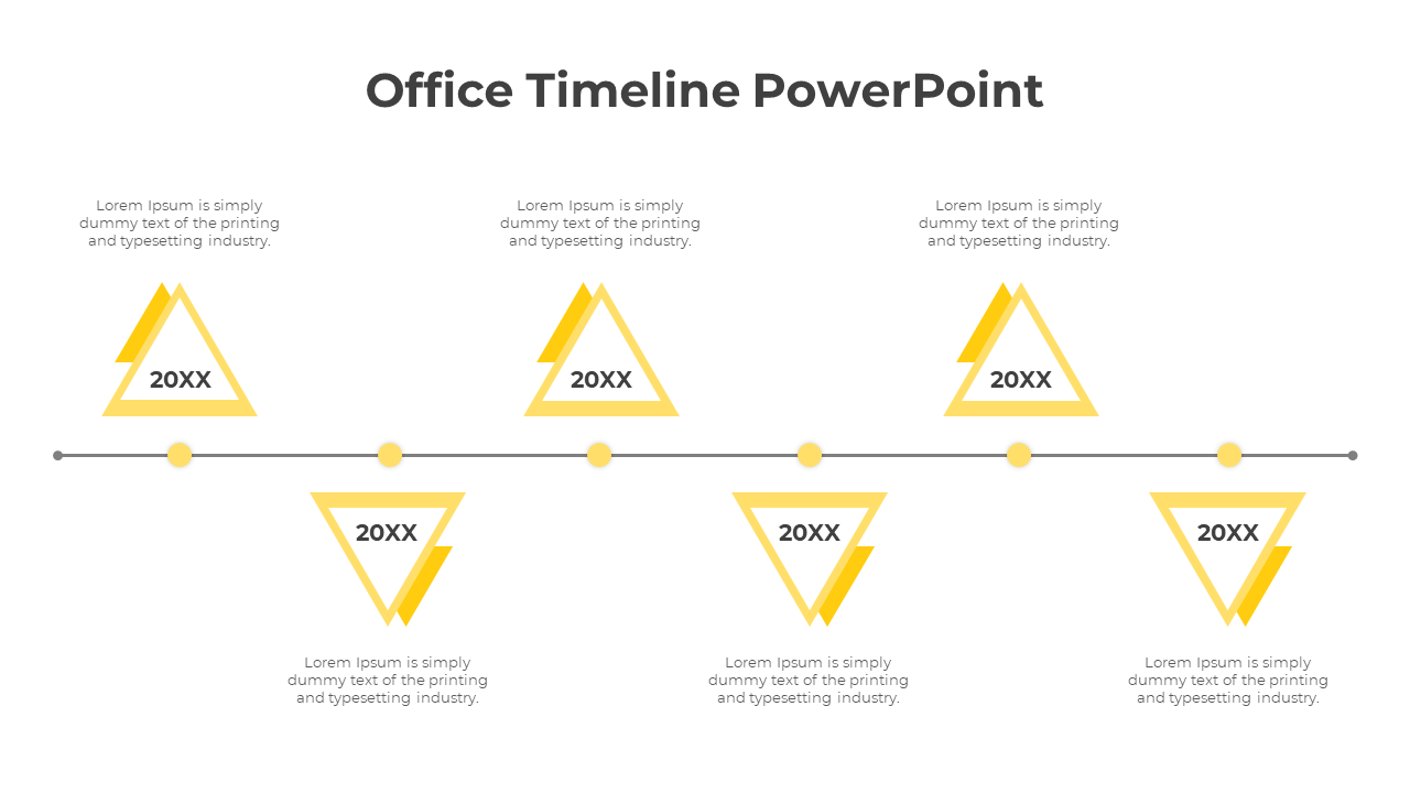 Horizontal timeline with six yellow triangle markers labeled 20XX, connected by a thin line with circular nodes.