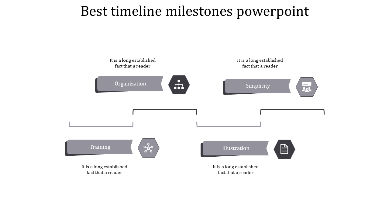 Modern timeline with four gray milestone banners and matching hexagonal icons, connected by curved lines.