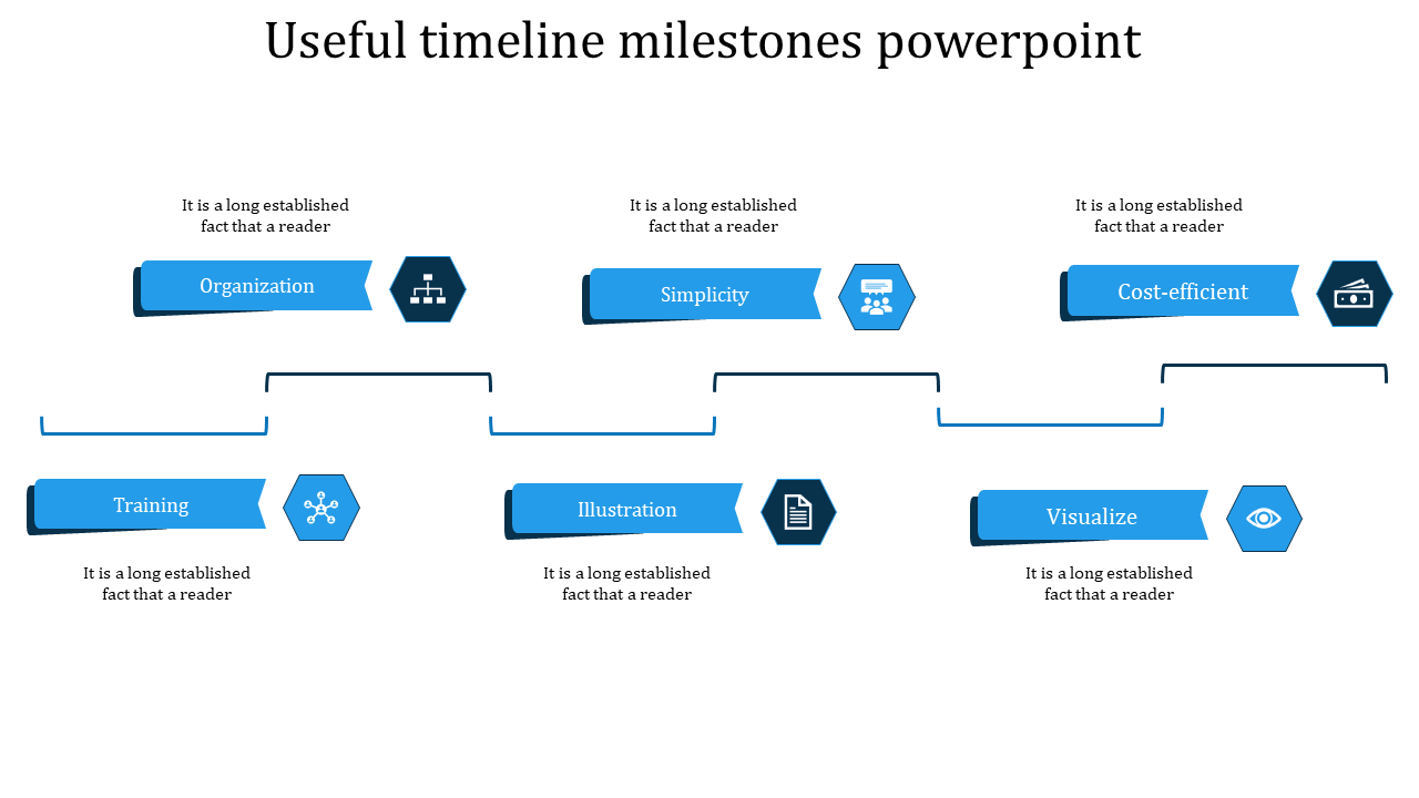 Timeline milestones slide with blue hexagonal icons depicting from organization to visualization with placeholder text.