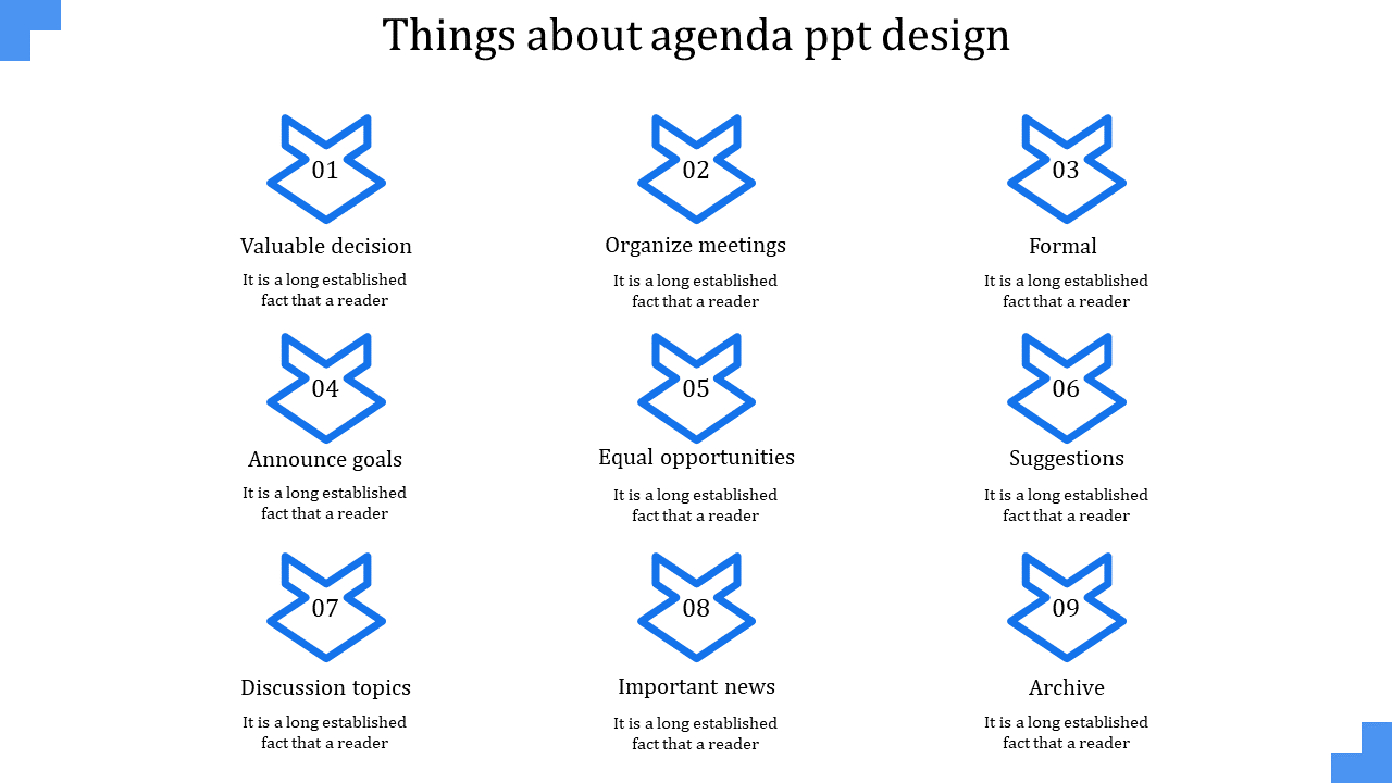 Agenda slide with nine blue arrow shaped icons, each numbered and linked to a topic, arranged in three vertical columns.