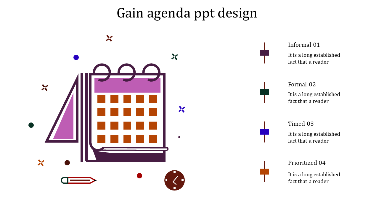 Agenda timeline template with six connected nodes on a blue line, each pointing to slanted captions areas.