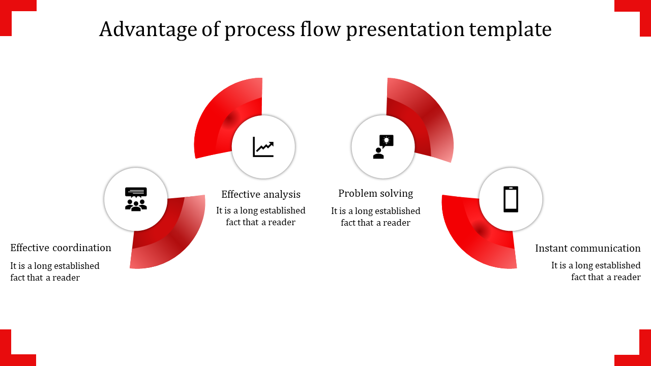 Circular flowchart showing gray arcs linked to icons for effective analysis, problem solving, and instant communication.