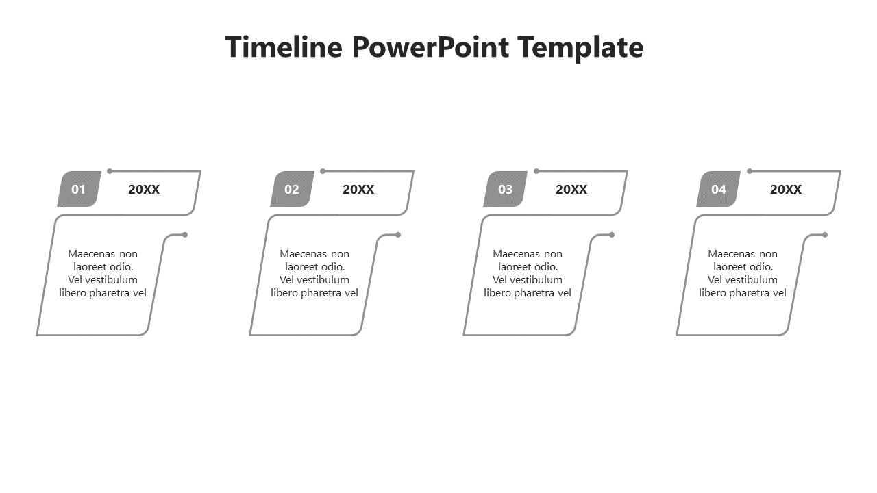 Gray timeline with four stages, each linked to a text box, designed for a structured visual flow.