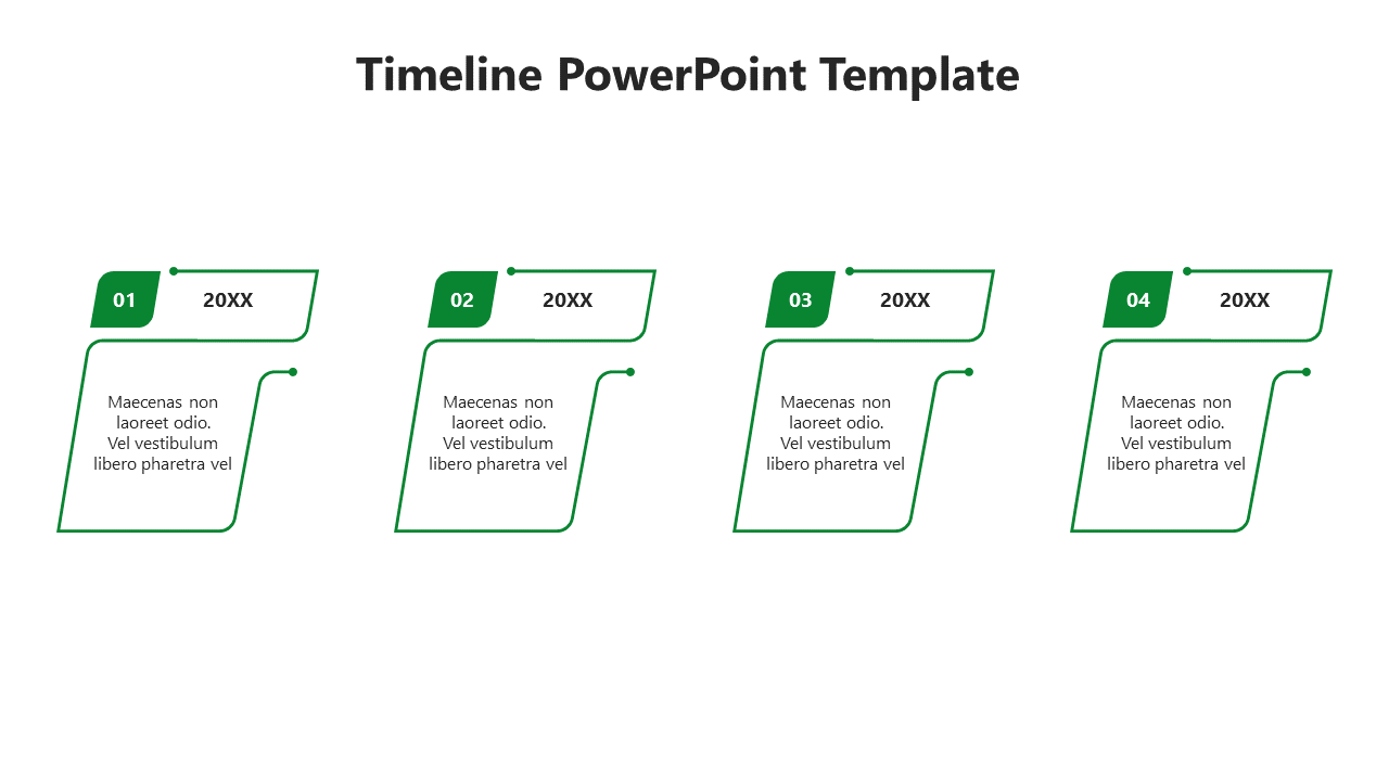 A colorful timeline ideas PowerPoint template with four stages, each represented by green color shapes and captions.