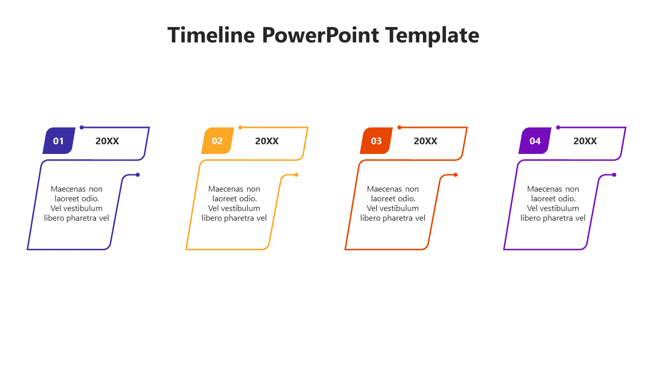 A colorful timeline PowerPoint template with four stages, each represented by different colored shapes and captions.