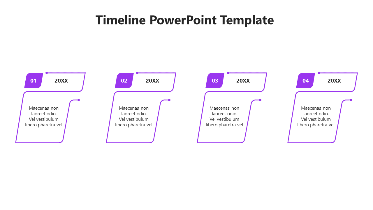 Sequential purple timeline layout with four angled boxes for details and a minimalistic structured design.