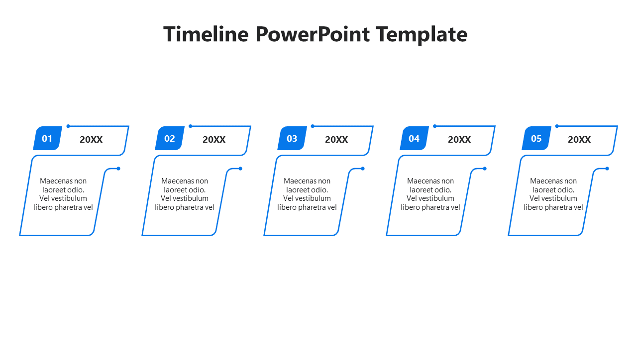 Horizontal timeline template with five blue gradient labels, each linked to a description box for process steps.