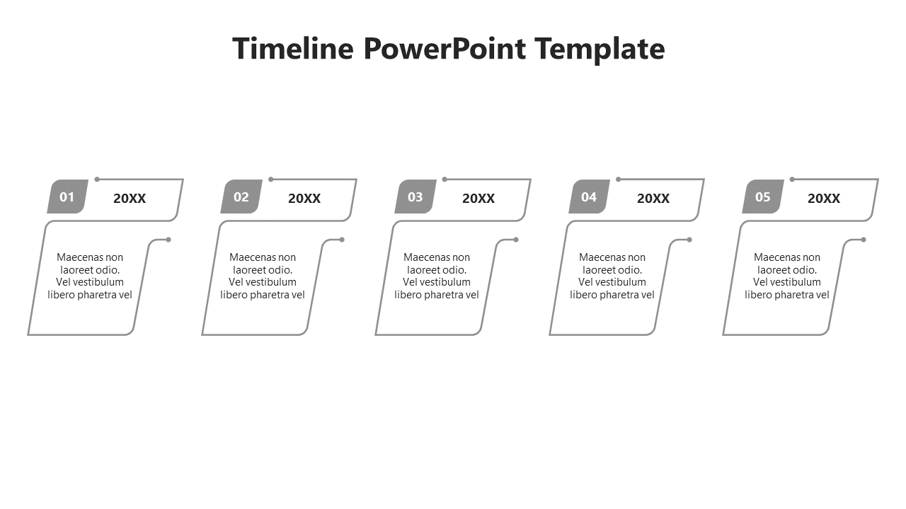 A simple gray timeline PowerPoint template with five sections, each labeled with a number and placeholder text.
