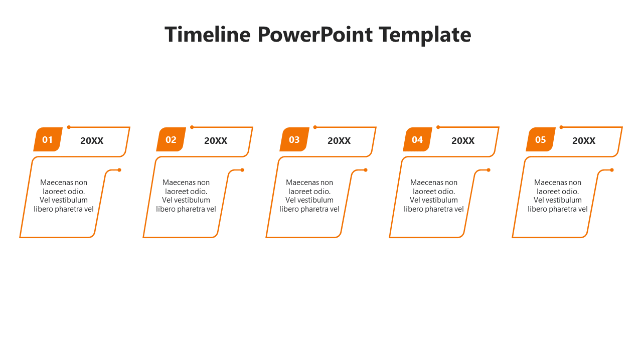 Modern timeline infographic featuring five slanted text boxes in orange with placeholders for years and descriptions.