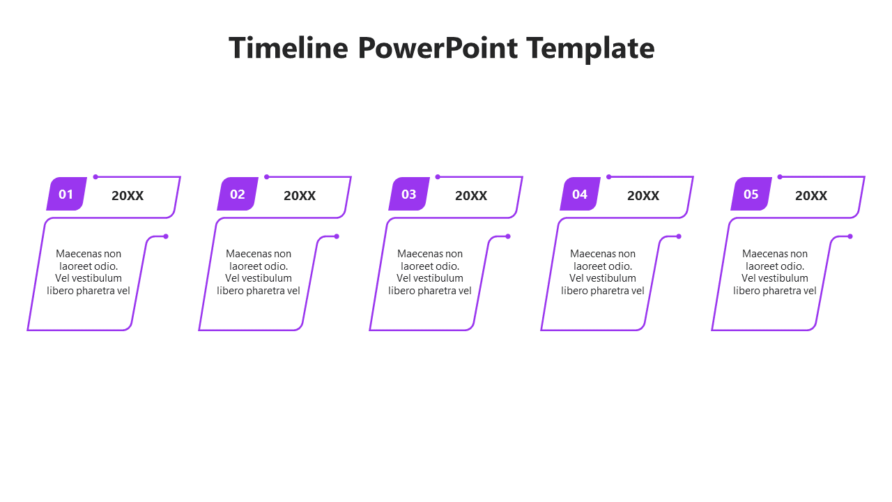Structured timeline design with five purple step indicators, each with a label, date placeholder, and description box.