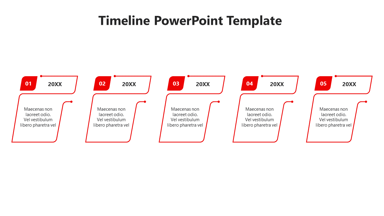 A simple red timeline PowerPoint template with five sections, each labeled with a number and placeholder text.