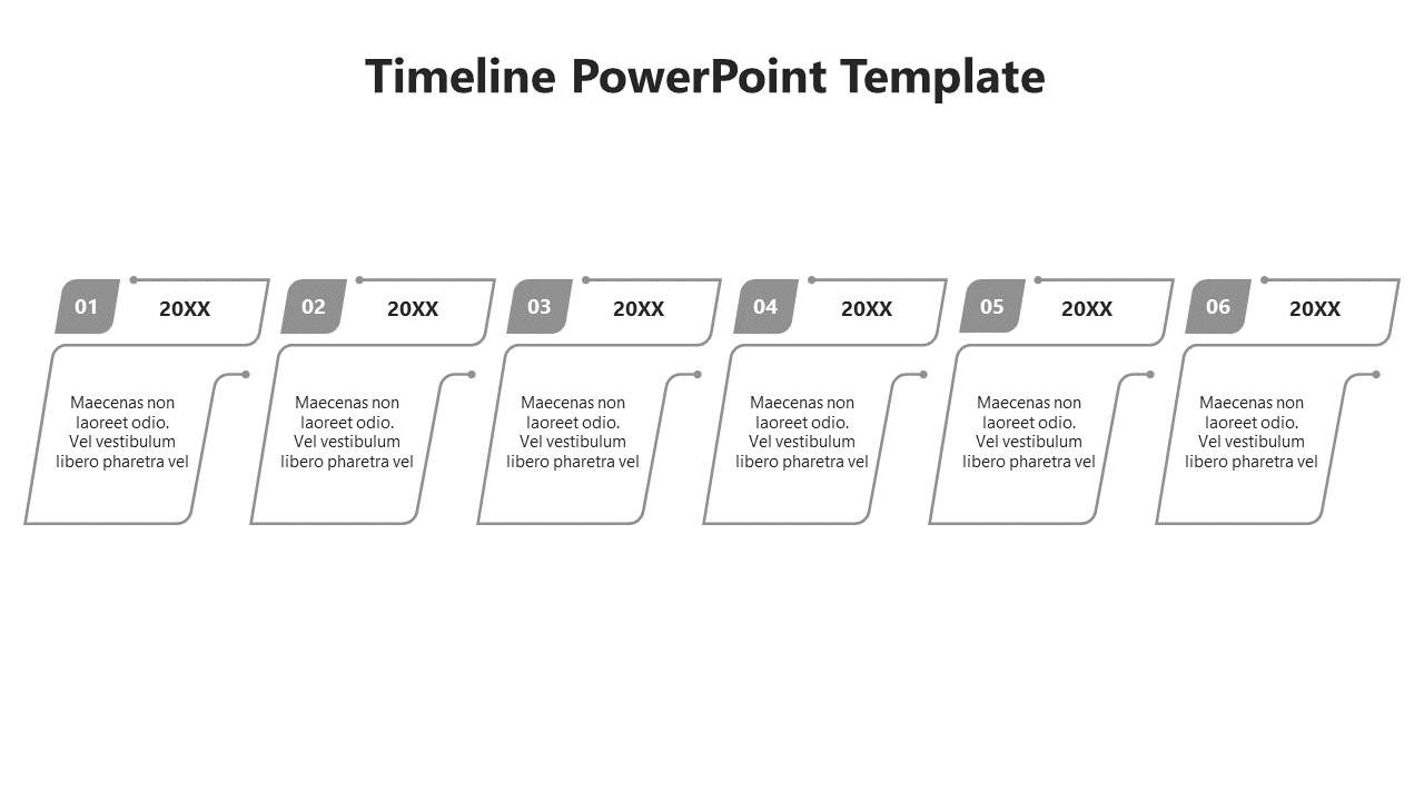A timeline ideas template with six stages, each featuring grey colored boxes and placeholder text.