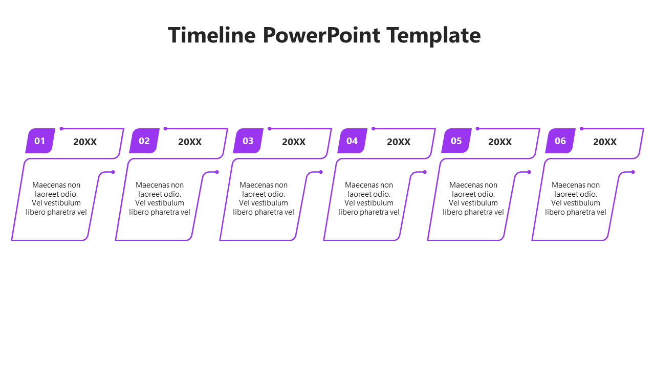 A timeline ideas template with six stages, each featuring purple colored boxes and placeholder text.
