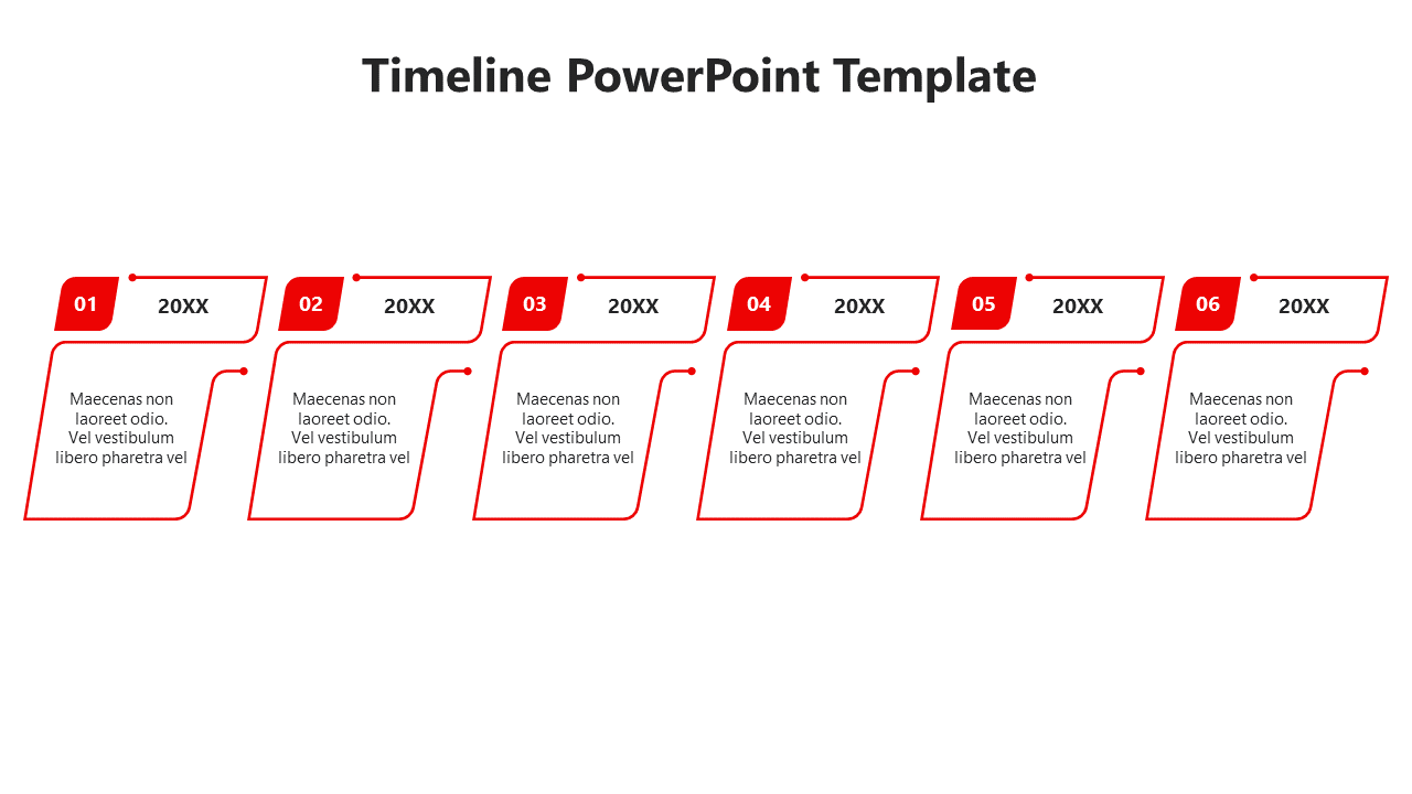 Horizontal green timeline showing six sequential steps with numbered markers and placeholder text boxes.