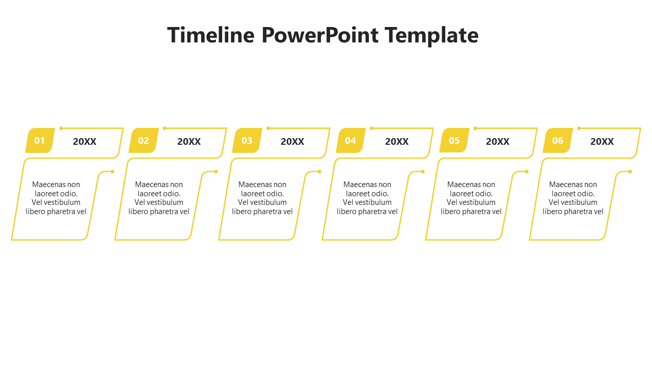 Timeline slide with six outlined text boxes in yellow, each showing a numbered stage and placeholder text.