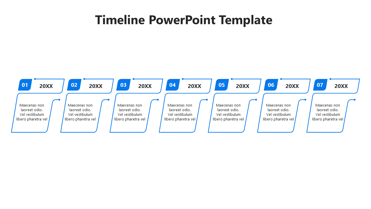 Blue seven step timeline with sleek rectangular labels and connected description boxes underneath.
