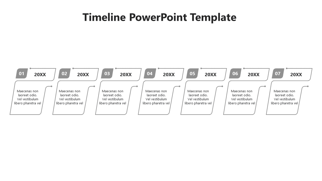A seven step gray timeline PowerPoint template with captions and year markers.