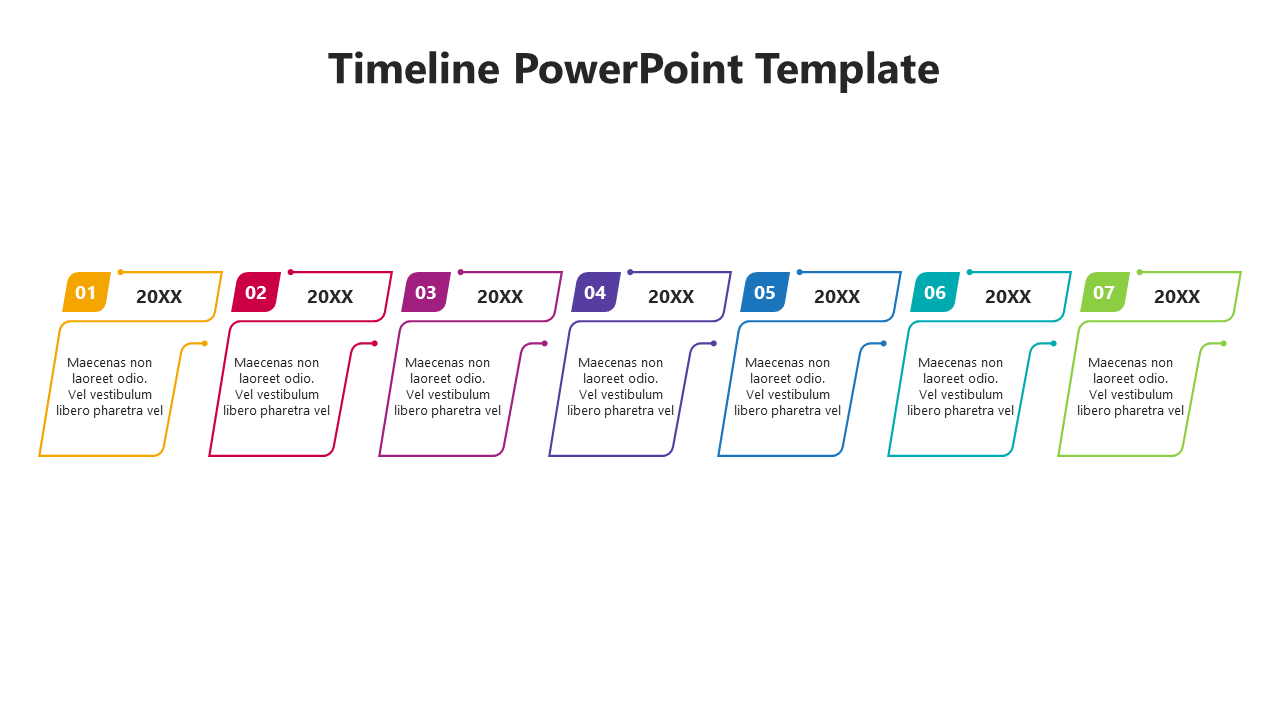 Timeline slide with seven numbered steps in yellow, red, pink, purple, blue, teal, and green, each with a label and text box.