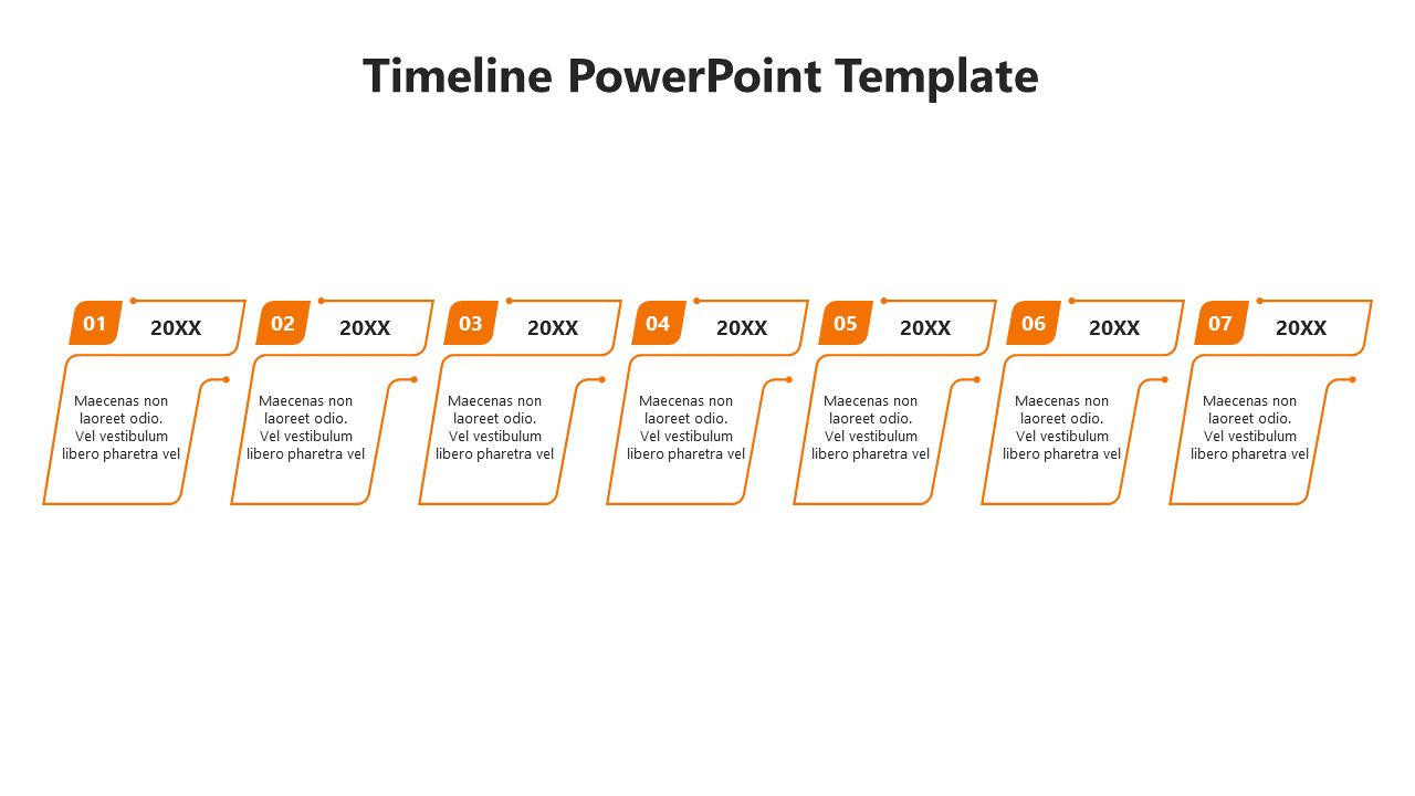 Orange themed timeline with seven numbered milestones in rectangles, linked to descriptions in angled boxes for clarity.