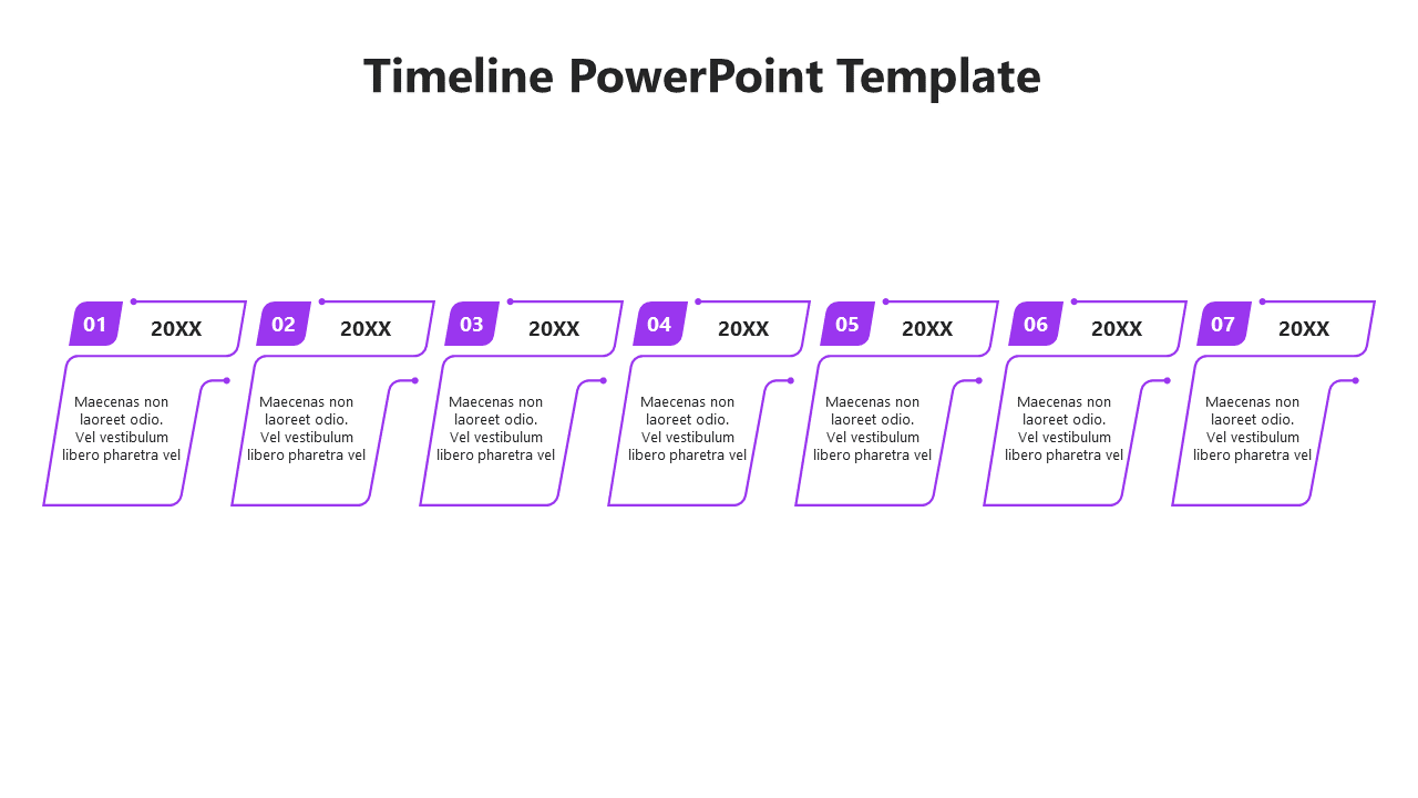 A vibrant timeline PowerPoint template with seven steps and purple accents.