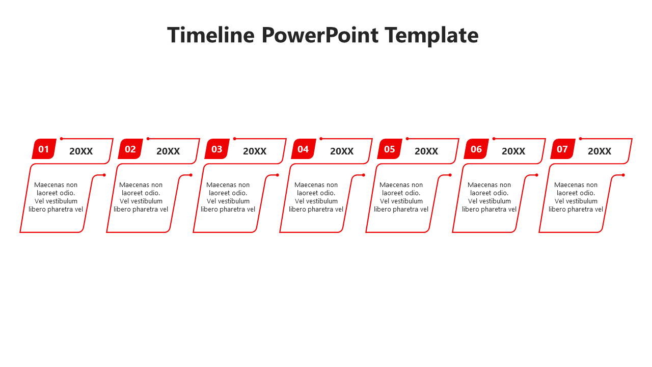 Green themed timeline template with seven stages and description boxes beneath each label placed in a white background.