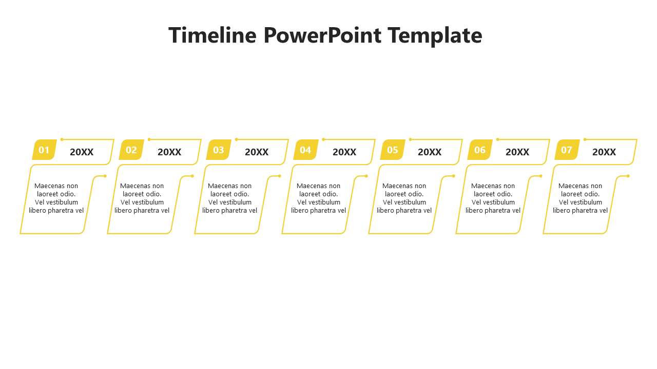 Structured yellow timeline with seven steps, each in a rectangular format, connecting events with descriptions below.