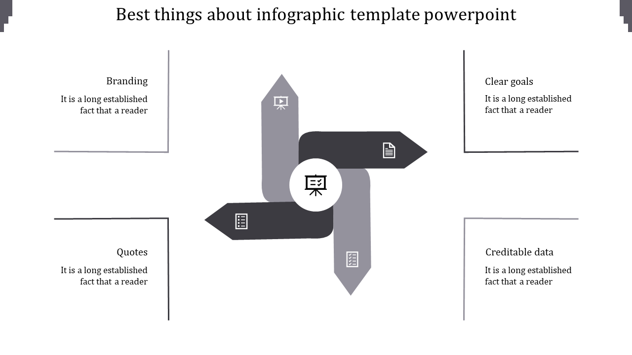 Grey infographic PPT template showing key aspects like branding, quotes, goals, and credible data with placeholder text.