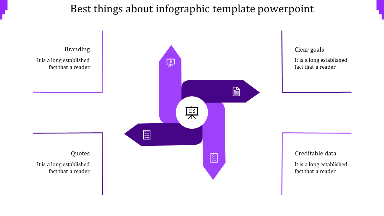 Purple infographic PPT template showing key aspects like branding, quotes, goals, and credible data with placeholder text.