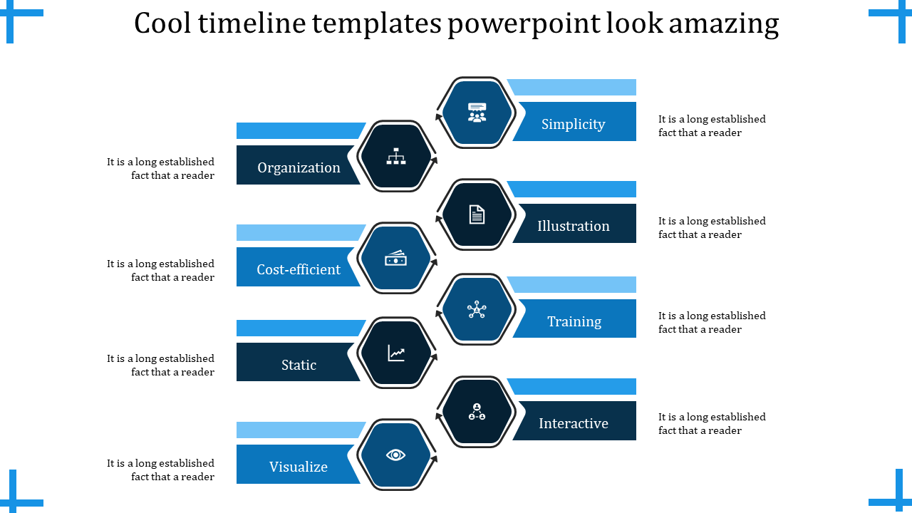 Structured timeline style infographic with alternating hexagonal icons and blue text bars, illustrating six key concepts.