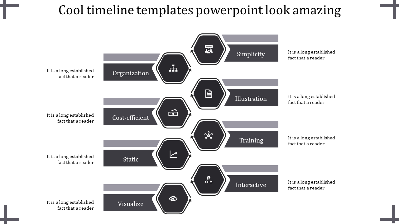 Infographic style timeline with a dual sided layout, using eight gray hexagons and gradient bars for key milestones.