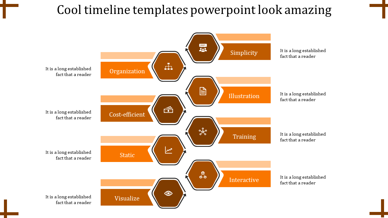 Modern timeline infographic with six orange-themed hexagonal nodes, each containing white icons, connected to caption areas.