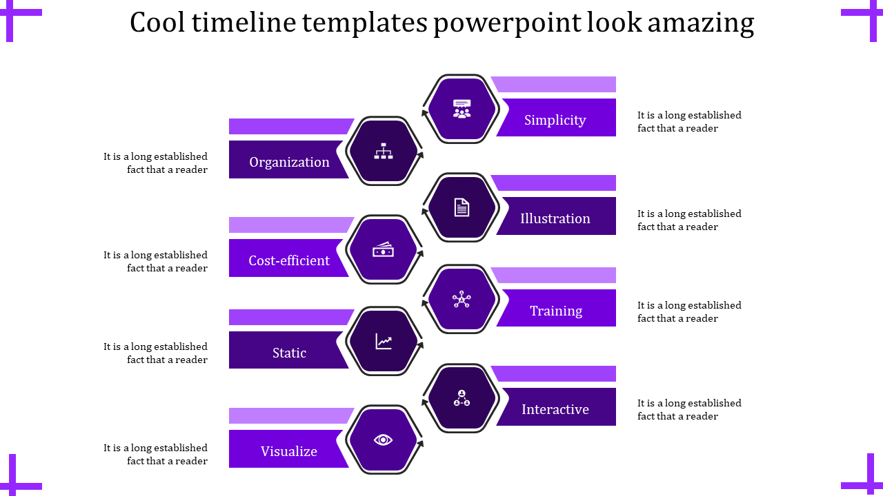 Timeline infographic with hexagonal icons and purple gradient bars, showing different stages of organization and training.