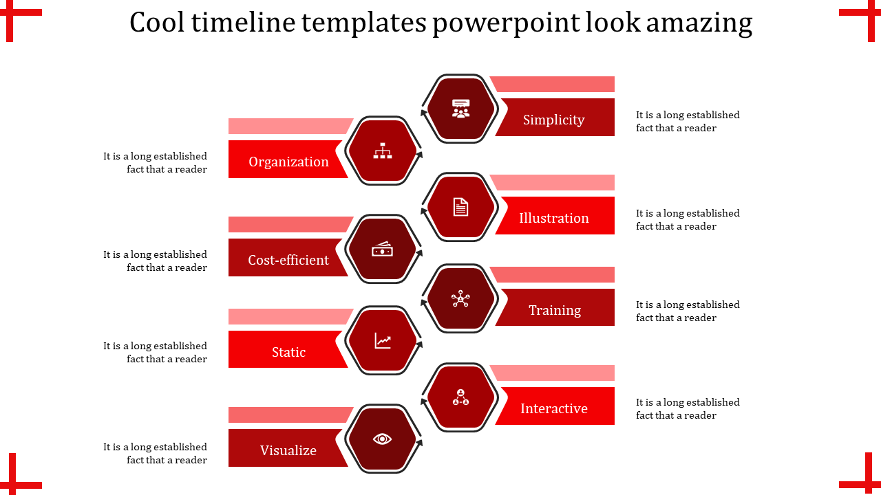 Red themed timeline template with hexagonal icons for various steps from organization to interactive with placeholder text.