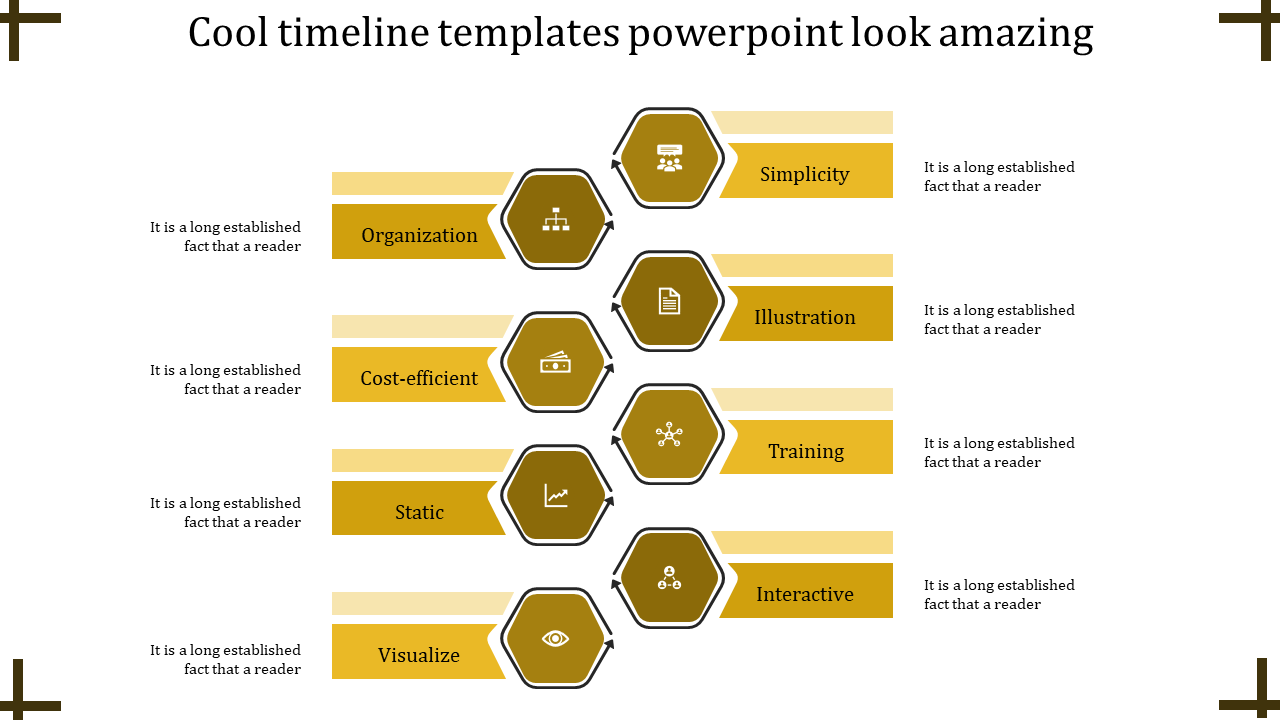Modern infographic with six yellow hexagonal nodes, each containing white icons, connected to labeled text sections. 
