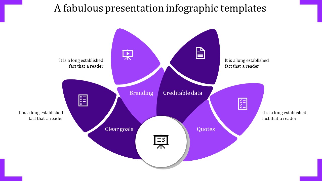 Monochrome petal diagram with overlapping segments around a central presentation icon, labeled with text and icons.