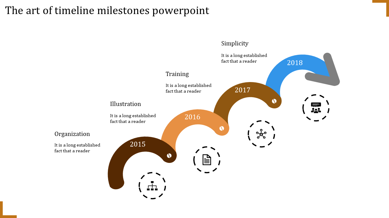 Timeline milestones PowerPoint template with colorful curved milestones from 2015 to 2018, with descriptions and icons.