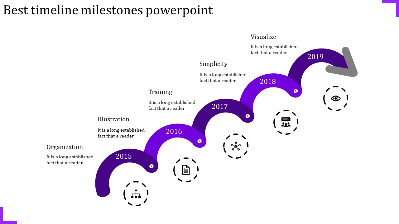 Best timeline milestones PowerPoint slide featuring a purple curved shape from 2015 to 2019, with icons for each year.