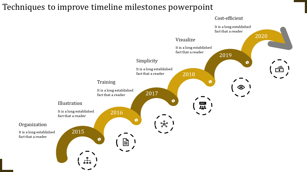 Timeline with a curved design displaying yearly milestones from 2015 to 2020 with related icons.