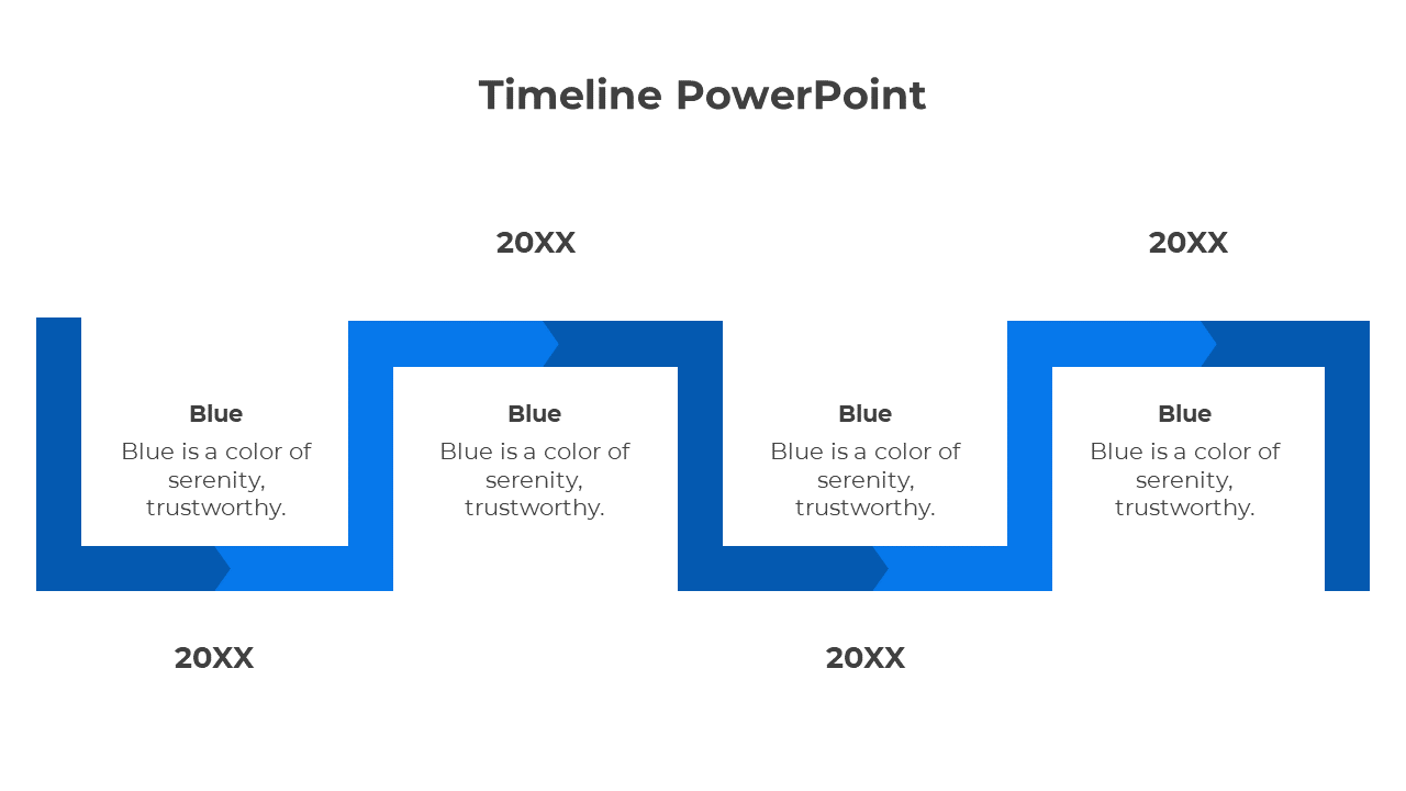 Infographic timeline with a blue angular path, featuring arrowed sections connecting text boxes and placeholder years.