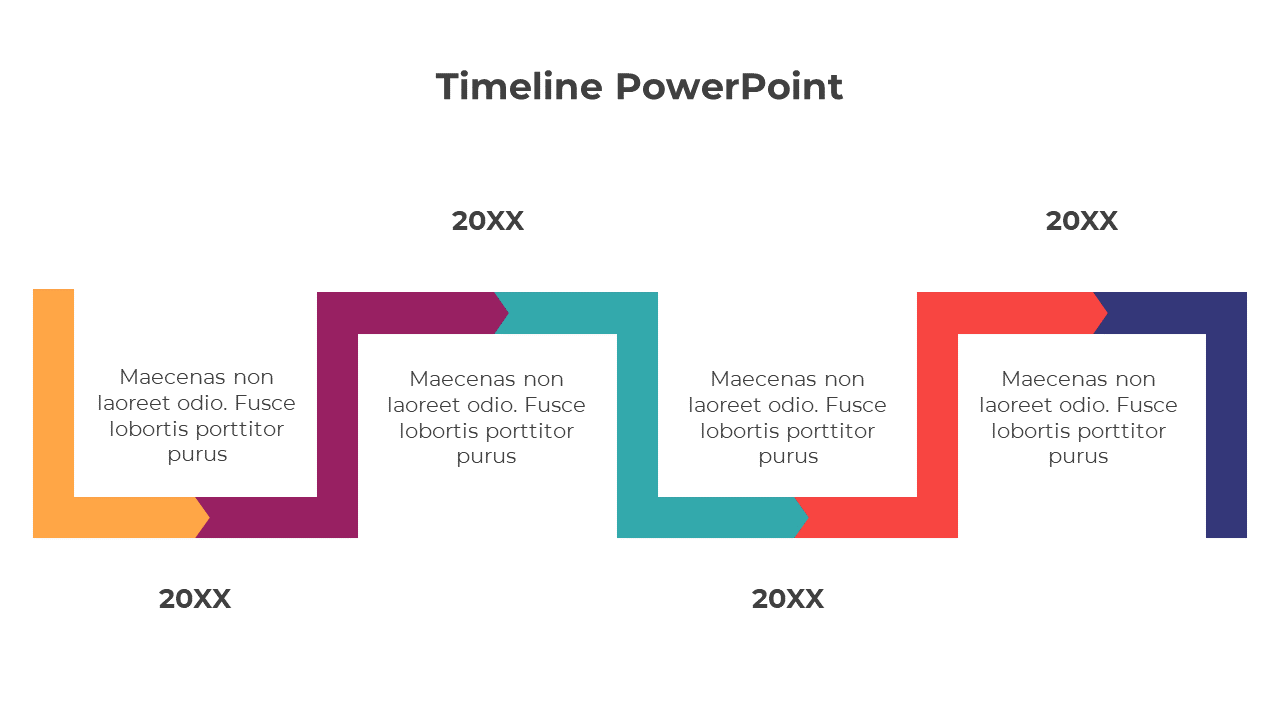 Colorful timeline slide with four segments, each featuring vibrant arrows in orange, purple, teal, blue, and red, with text.