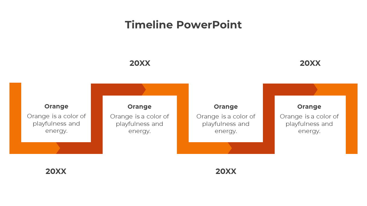 Modern timeline with a bold orange zigzag path, integrating text boxes and placeholder years marked as 20XX.