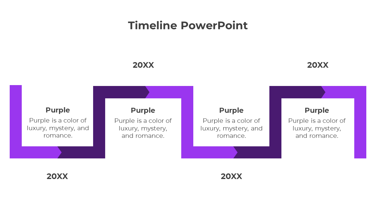 Zigzag timeline in shades of purple forming four rectangular text boxes, each representing different milestones.