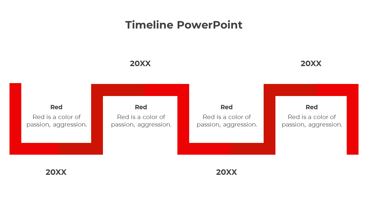 Timeline PPT slide with red zigzag arrows, each representing the year 20XX with a text description of the color red.