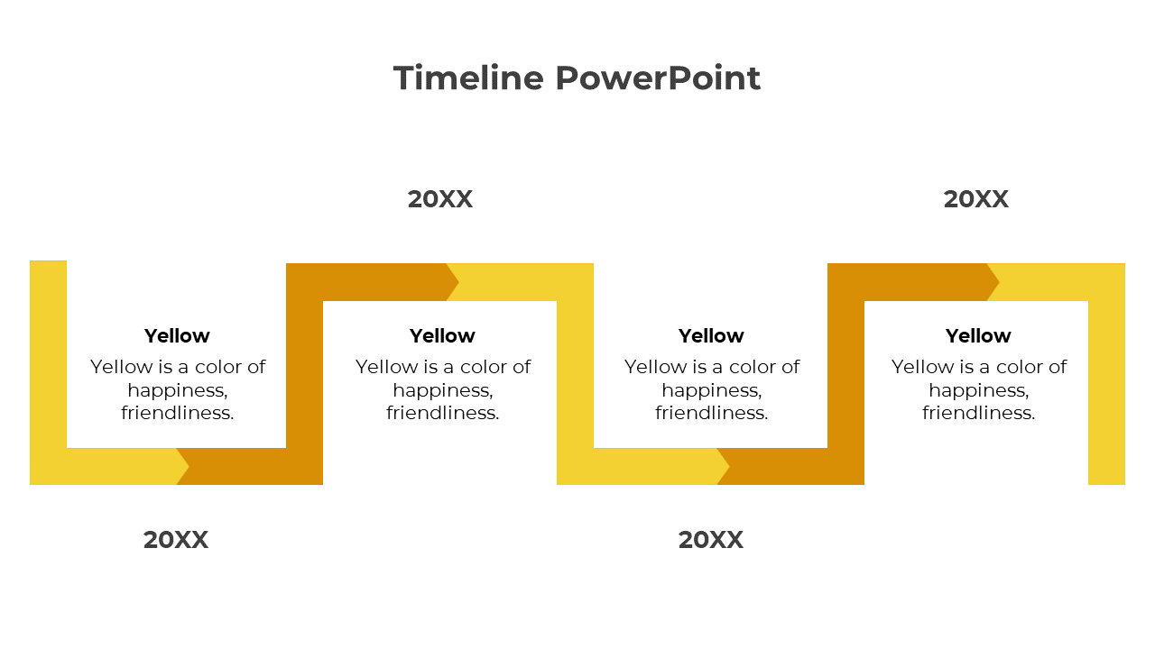 Zigzag yellow timeline with arrowed segments, alternating between text boxes and placeholder years labeled as 20XX.