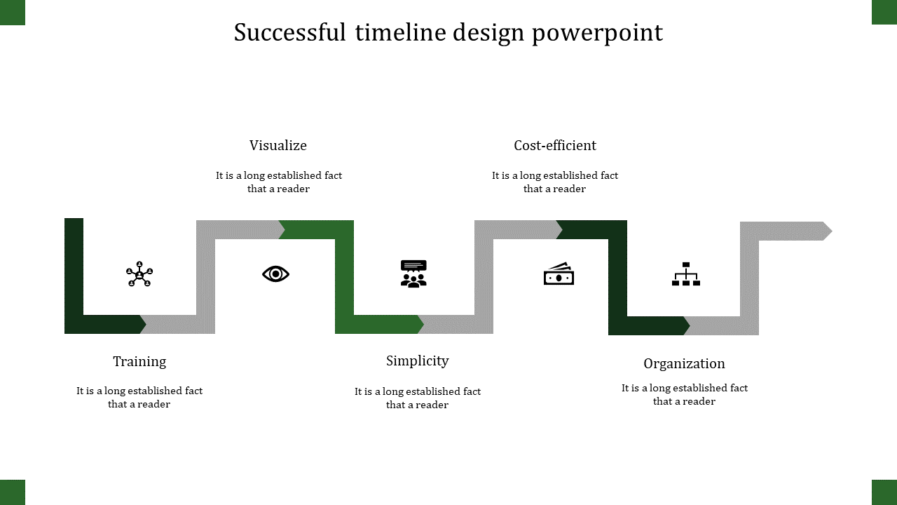 Green and gray zigzag timeline with five rectangular sections, featuring black icons, and text evenly spaced above and below.