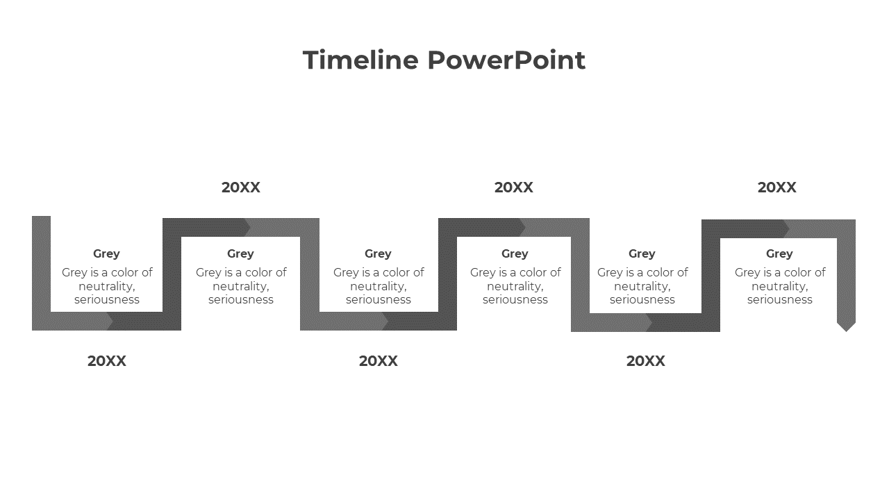 Timeline slide featuring a step like gray path with six alternating text boxes and year markers labeled 20XX.