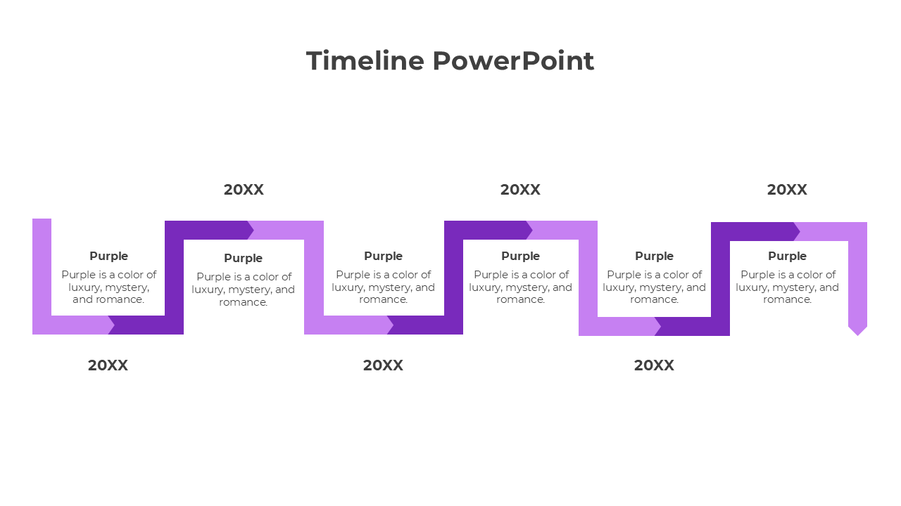 Timeline PowerPoint with purple zigzag design, showing 5 milestones labeled '20XX' and text 'Purple is a color of luxury.
