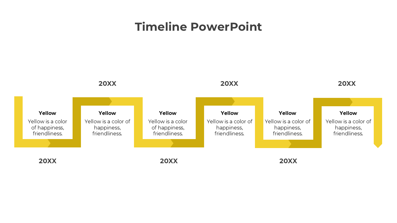 Timeline PowerPoint with yellow zigzag design, showing 5 milestones labeled '20XX' and text 'Yellow is a color of happiness.
