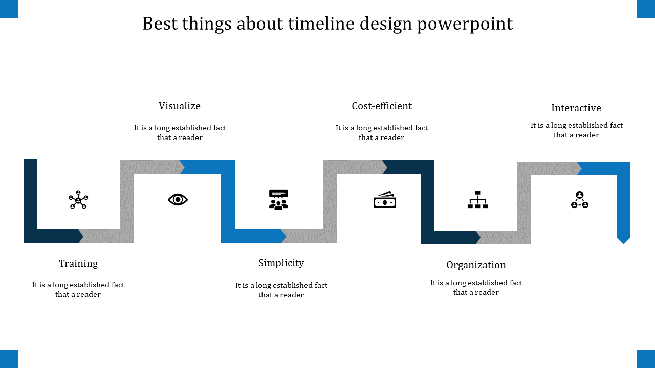 Blue themed timeline template featuring zigzag layout forming six key steps labeled and icons for each concept.